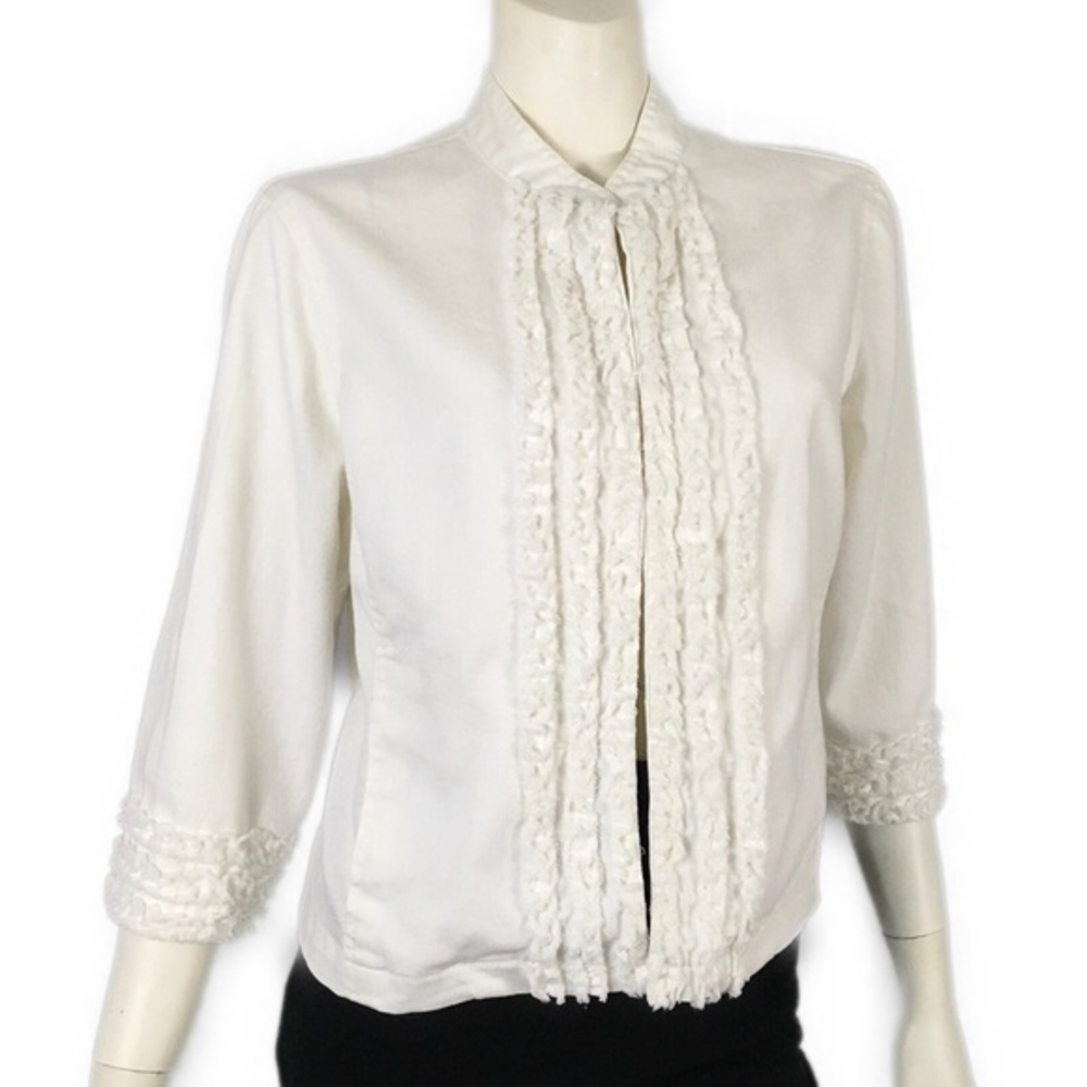 Vintage 90’s Ruby Rd. White Ruffle Jacket 3/4 Sleeves 14P Spring Summer Coat